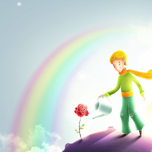 Little prince watering a rose. Le petit prince illustration. Cute little prince with orange scarf on a small asteroid planet. Beautiful universe and stars behind the little boy.